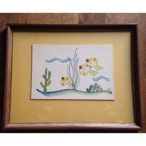 Signed Watercolor line drawing Goldfish Fish Seaweed Ocean nicely framed